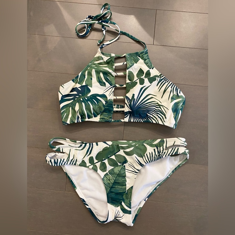 Tropical leaf bikini with high neck top and cutout bottoms